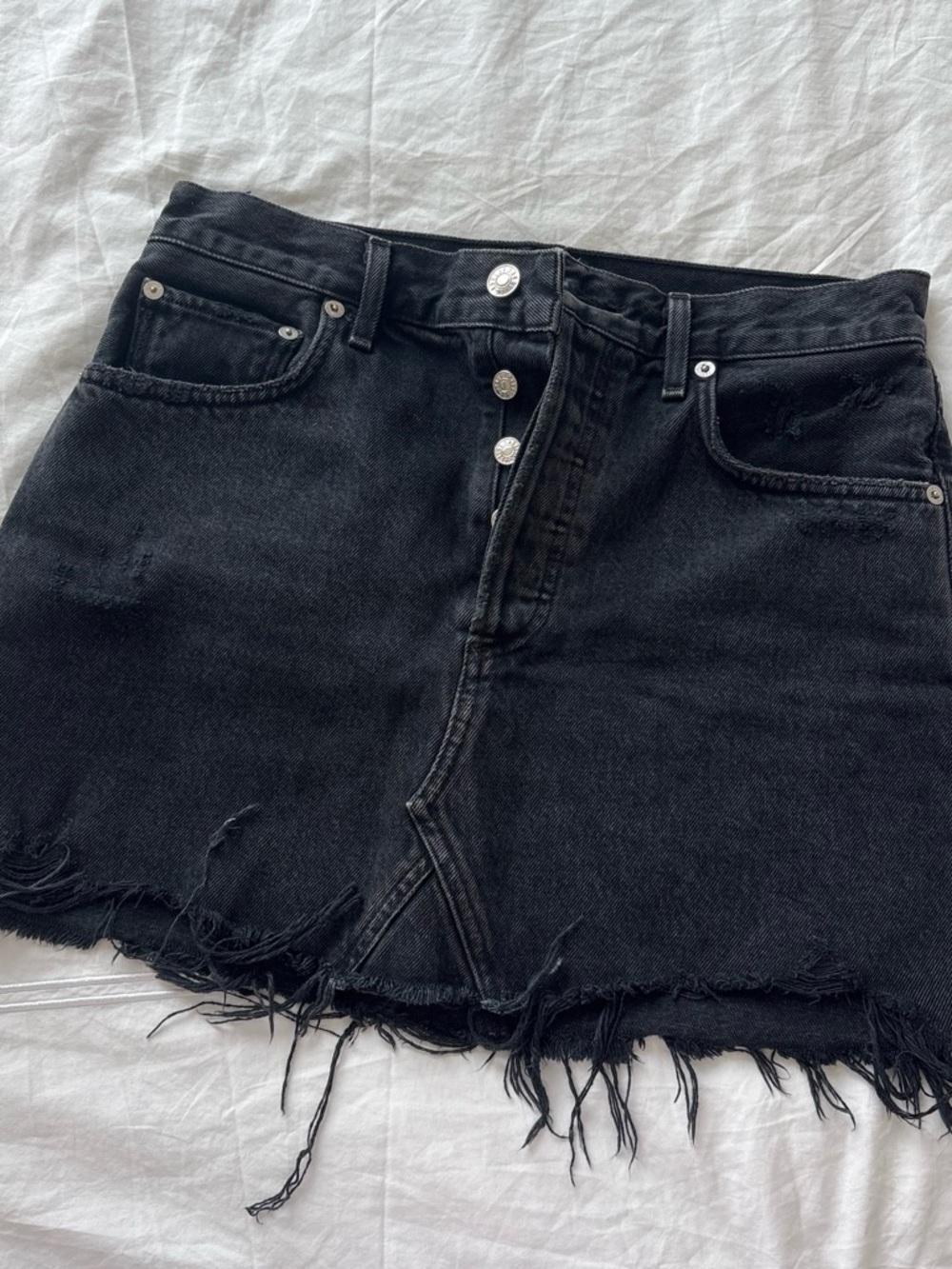 AGOLDE Washed Black Distressed Denim Mini Skirt